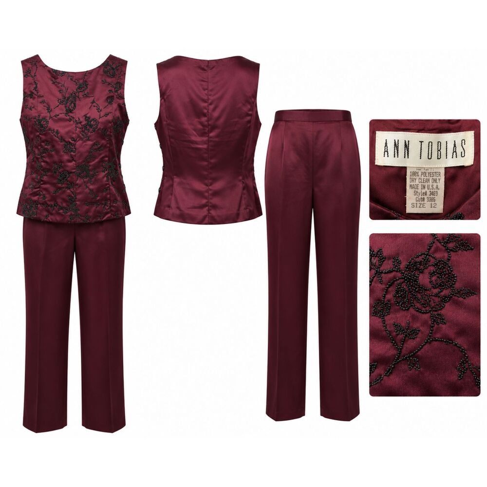 Vintage Ann Tobias Burgundy Beaded Floral Pant Suit Set Women's Size 12